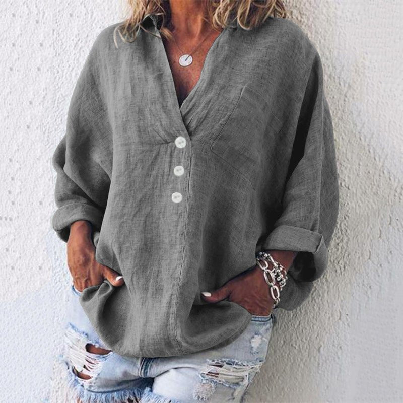Damen Baumwoll-Leinen-Pullover Asymmetrische Knöpfe | Bequem Side