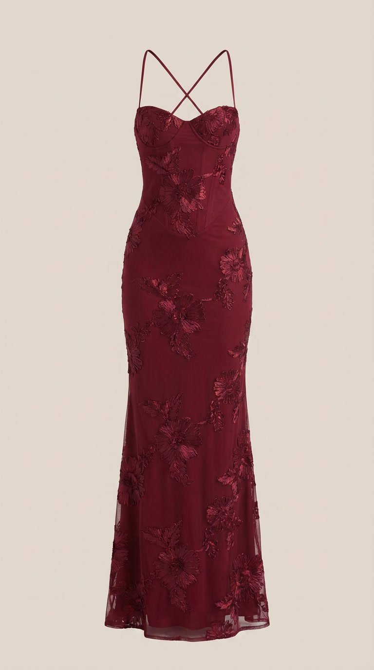 Damen Blumenstickerei Maxikleid | Korsett Back