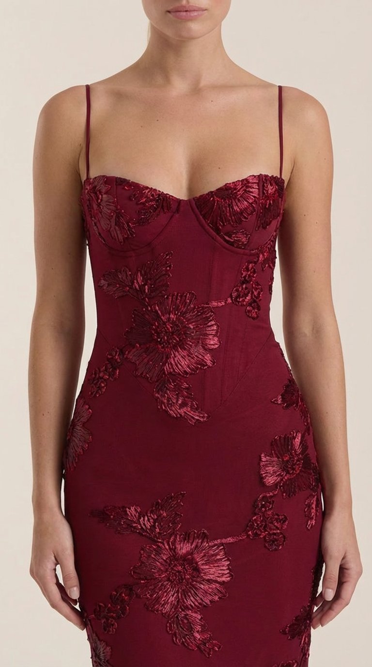 Damen Blumenstickerei Maxikleid | Korsett Detail
