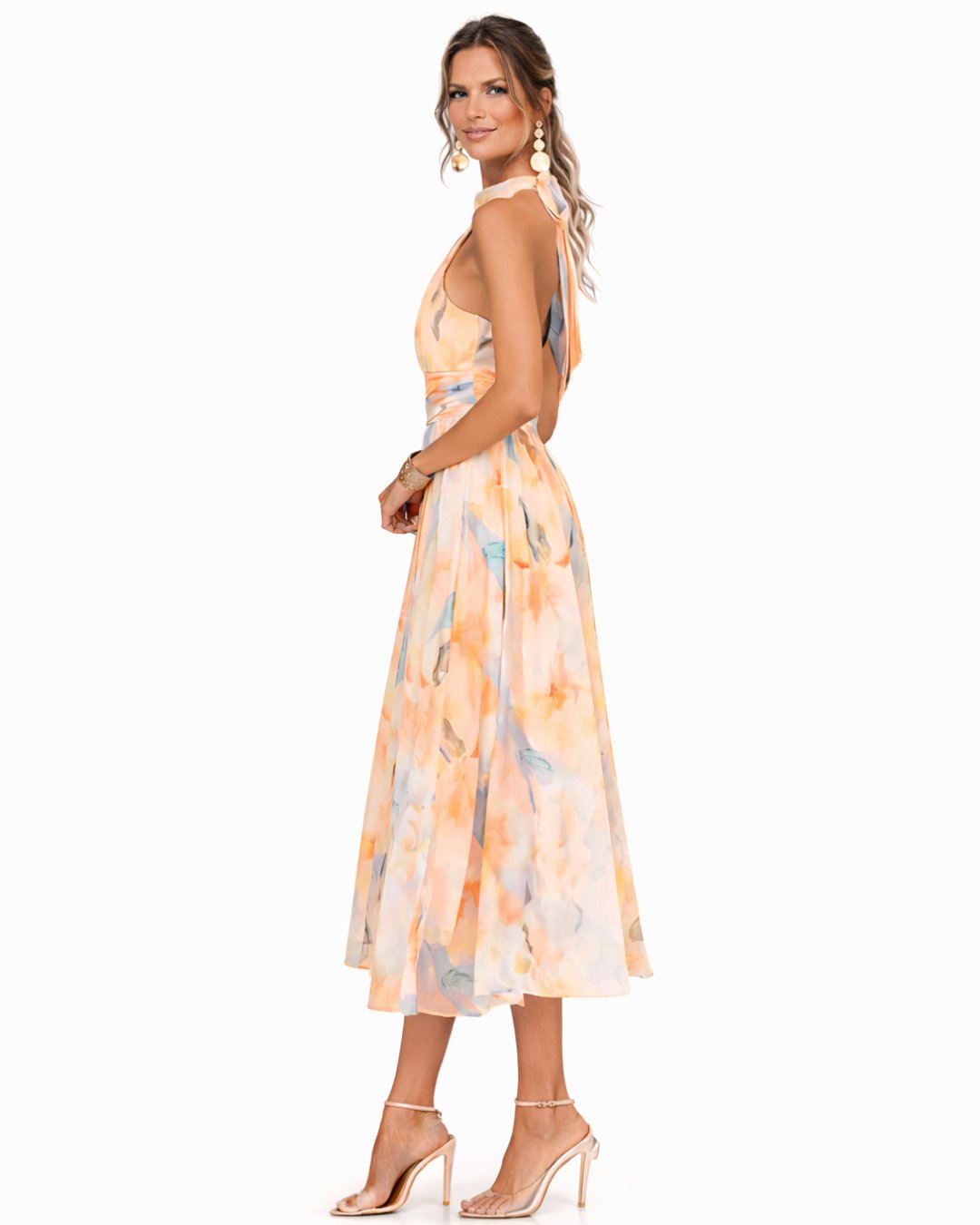Damen Halter Maxikleid | Aquarell-Druck Detail