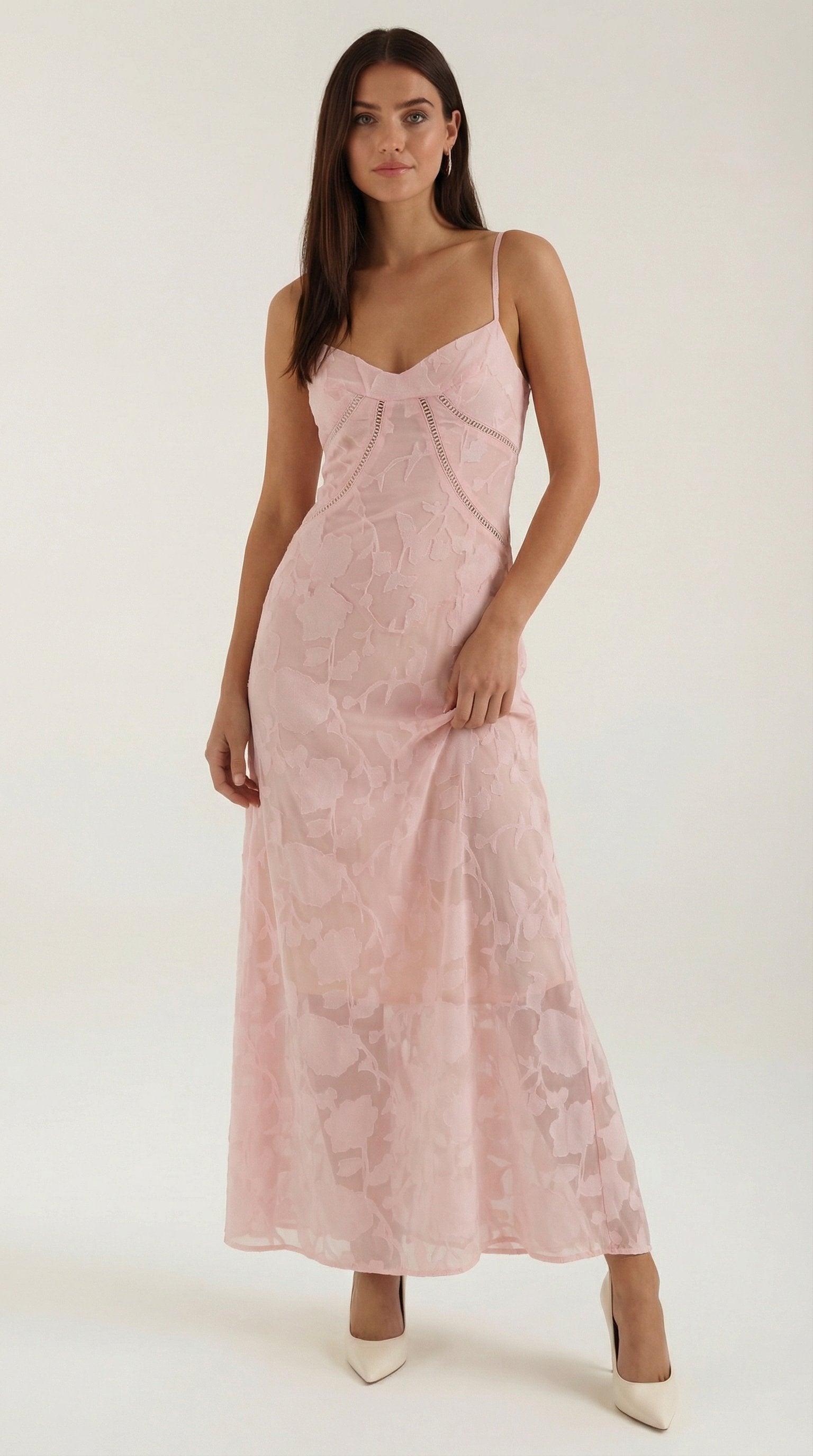 Damen Jacquard Maxikleid | Blumenstickerei Close Up