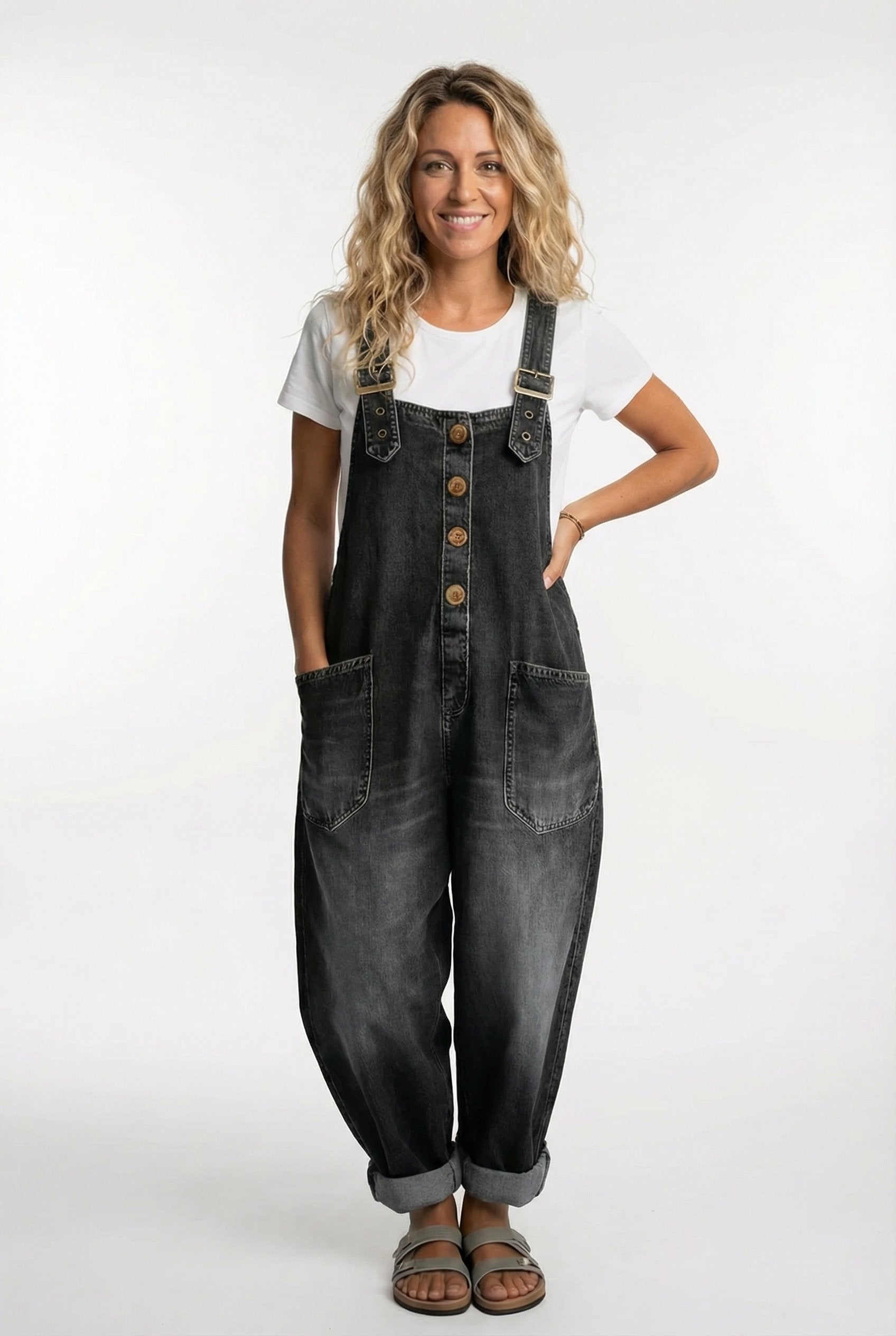 Damen Jeansoverall Knopffront | Verstellbare Träger Detail