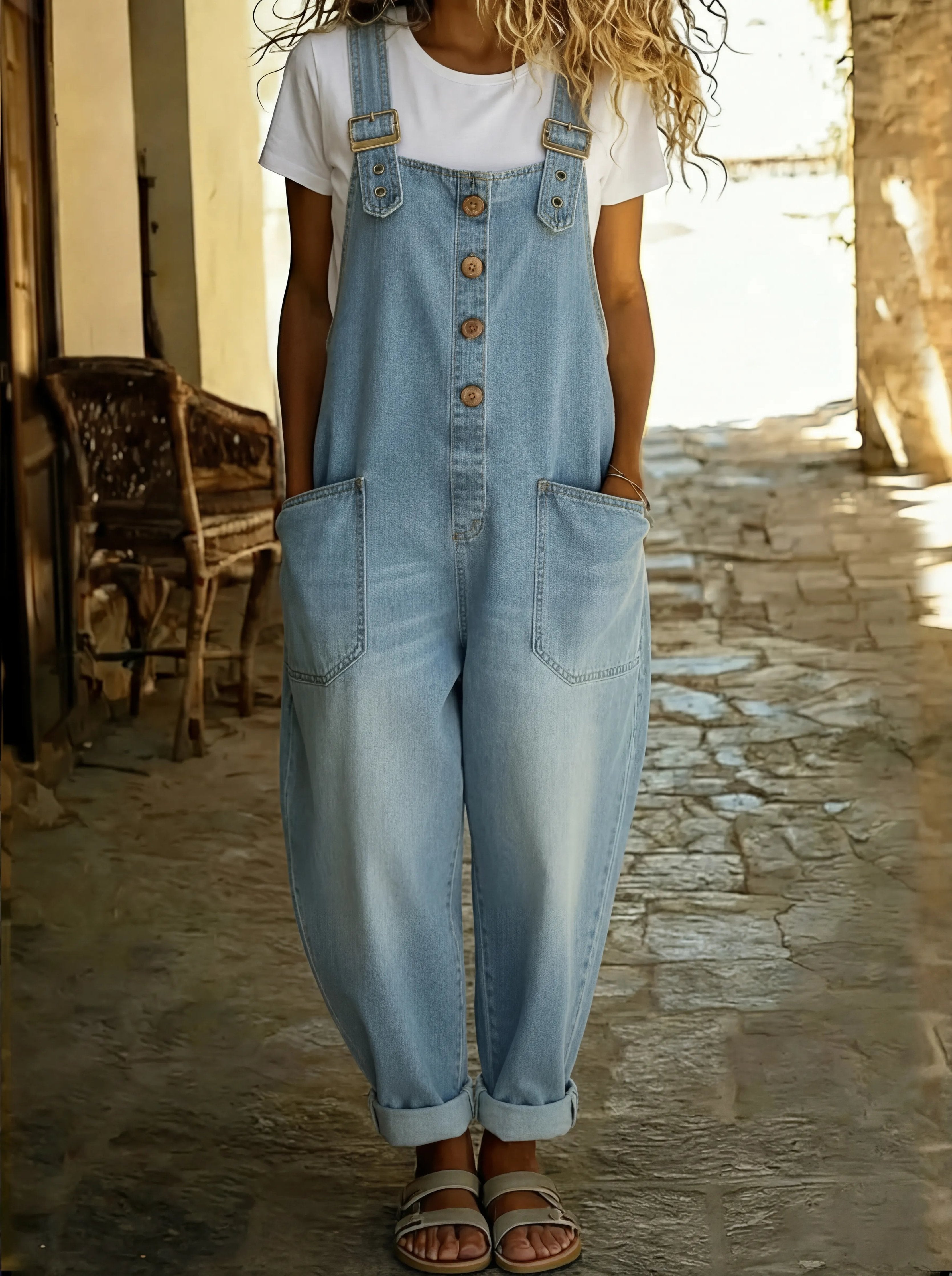 Damen Jeansoverall Knopfleiste | Verstellbar Detail