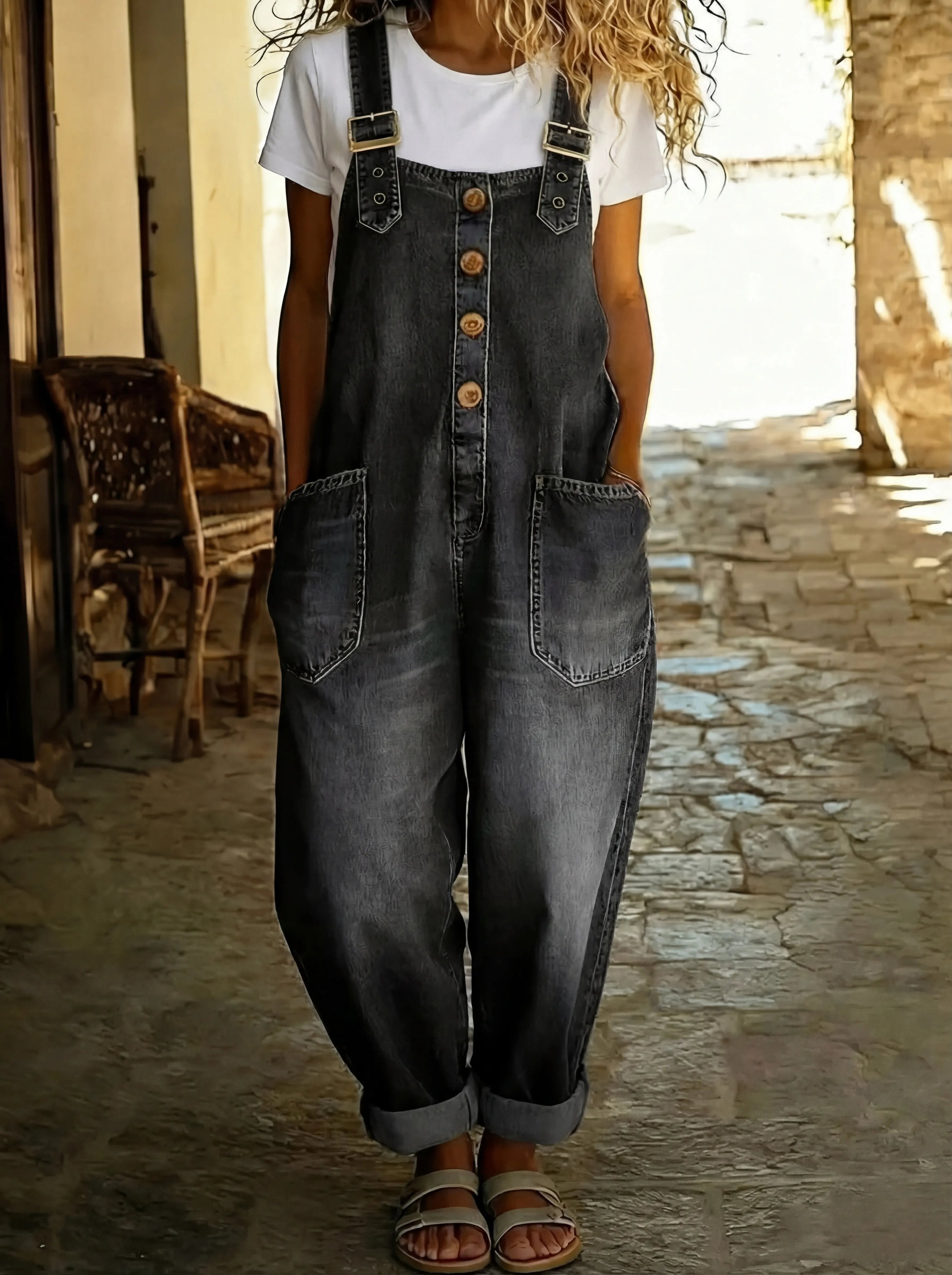 Damen Jeansoverall Knopfleiste | Verstellbar Front