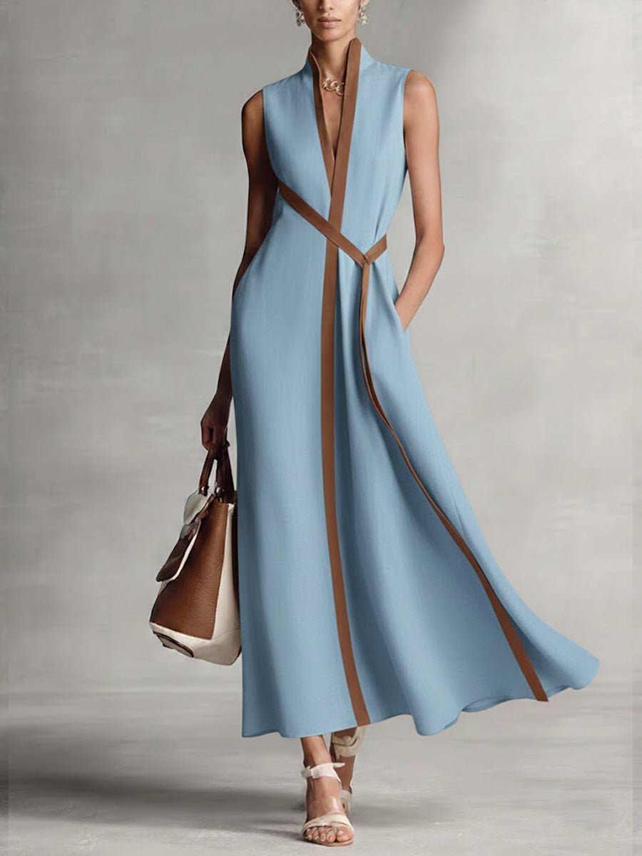 Damen Leinenkleid Lederbesatz | Leicht Detail