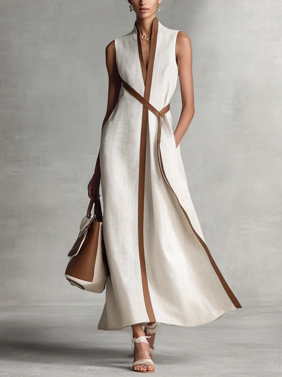 Damen Leinenkleid Lederbesatz | Leicht Front