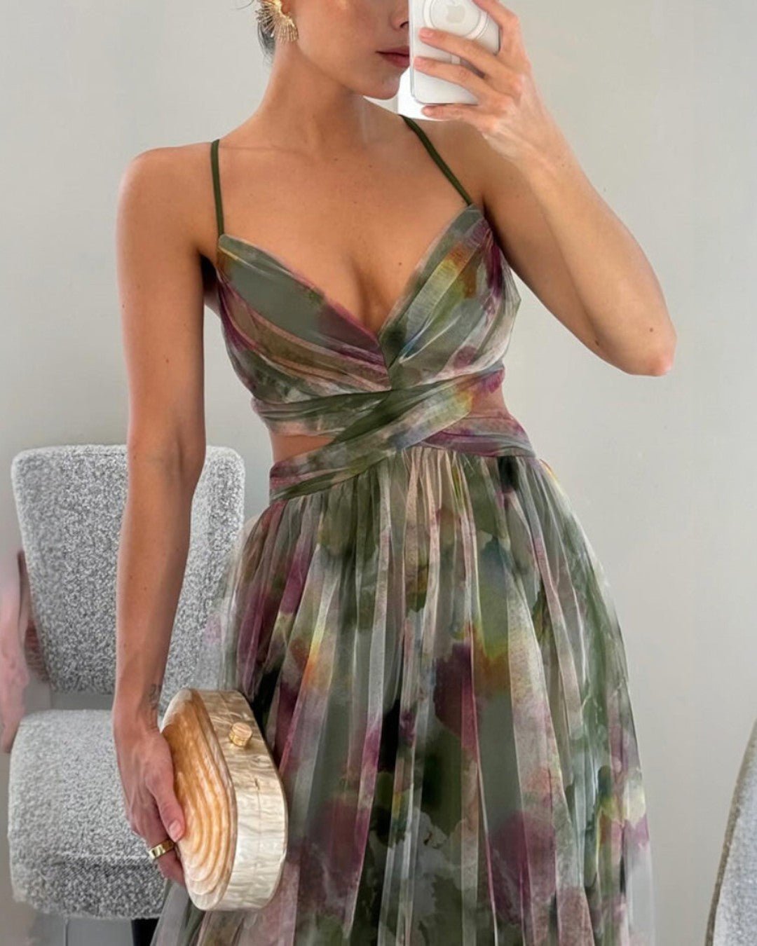 Damen Maxikleid Aquarell-Print | Verstellbar Back
