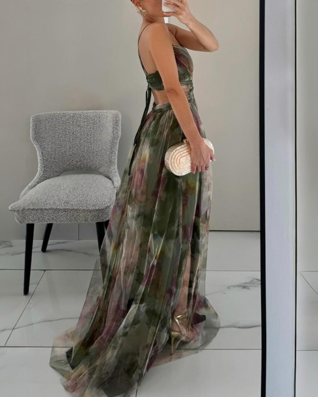 Damen Maxikleid Aquarell-Print | Verstellbar Close Up