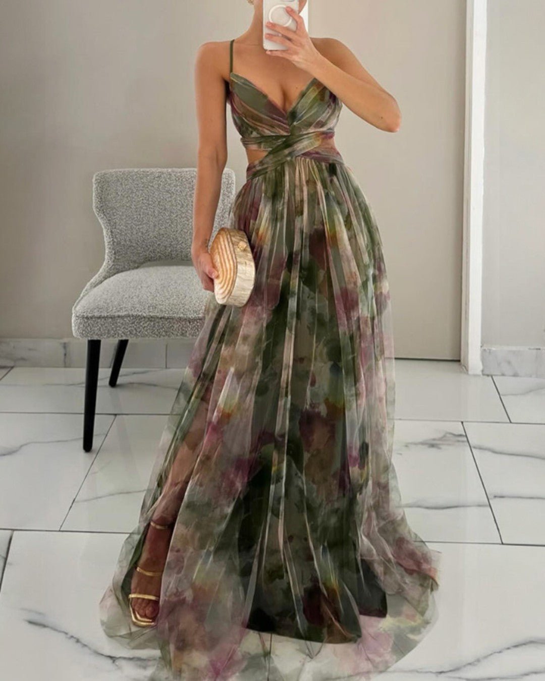 Damen Maxikleid Aquarell-Print | Verstellbar Side
