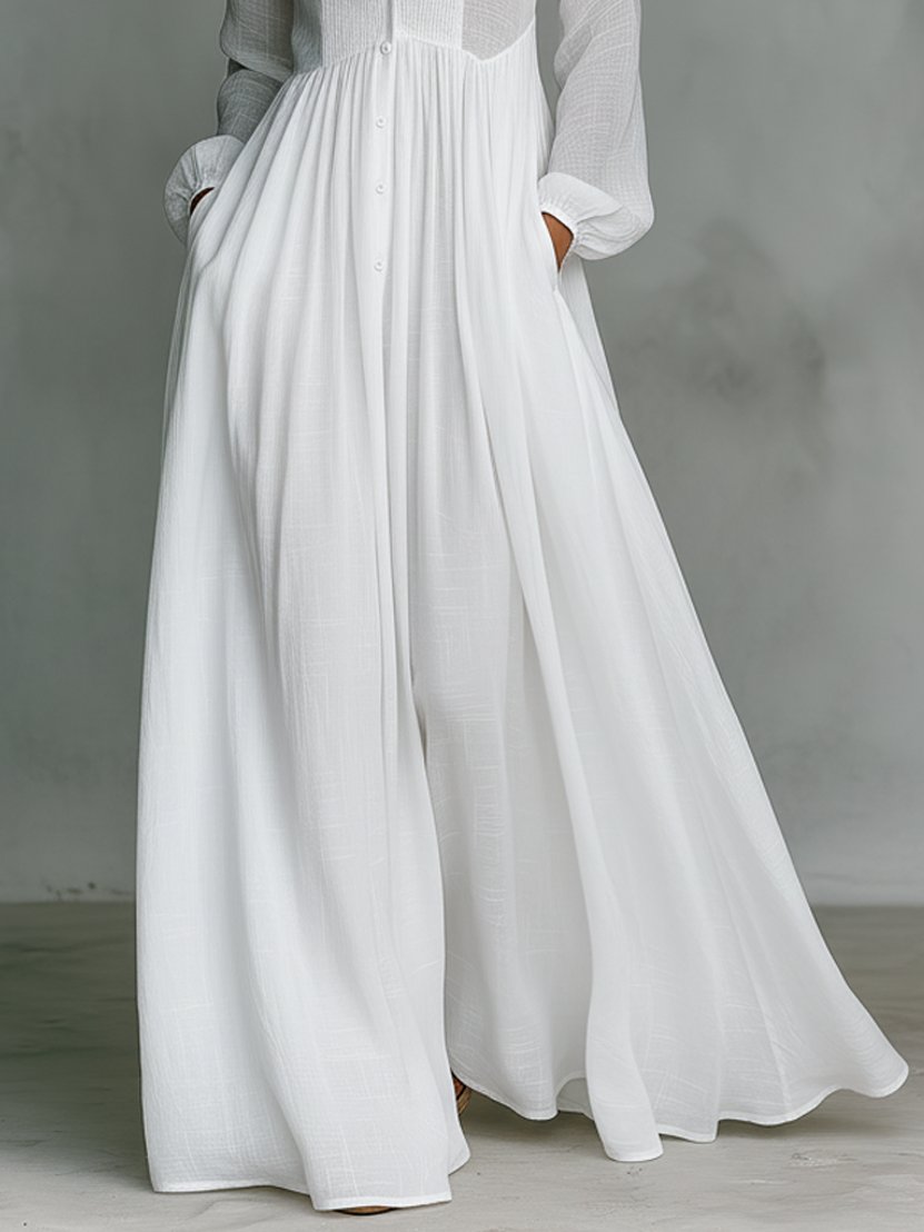 Damen Maxikleid Stehkragen | Baumwolle-Leinen Side