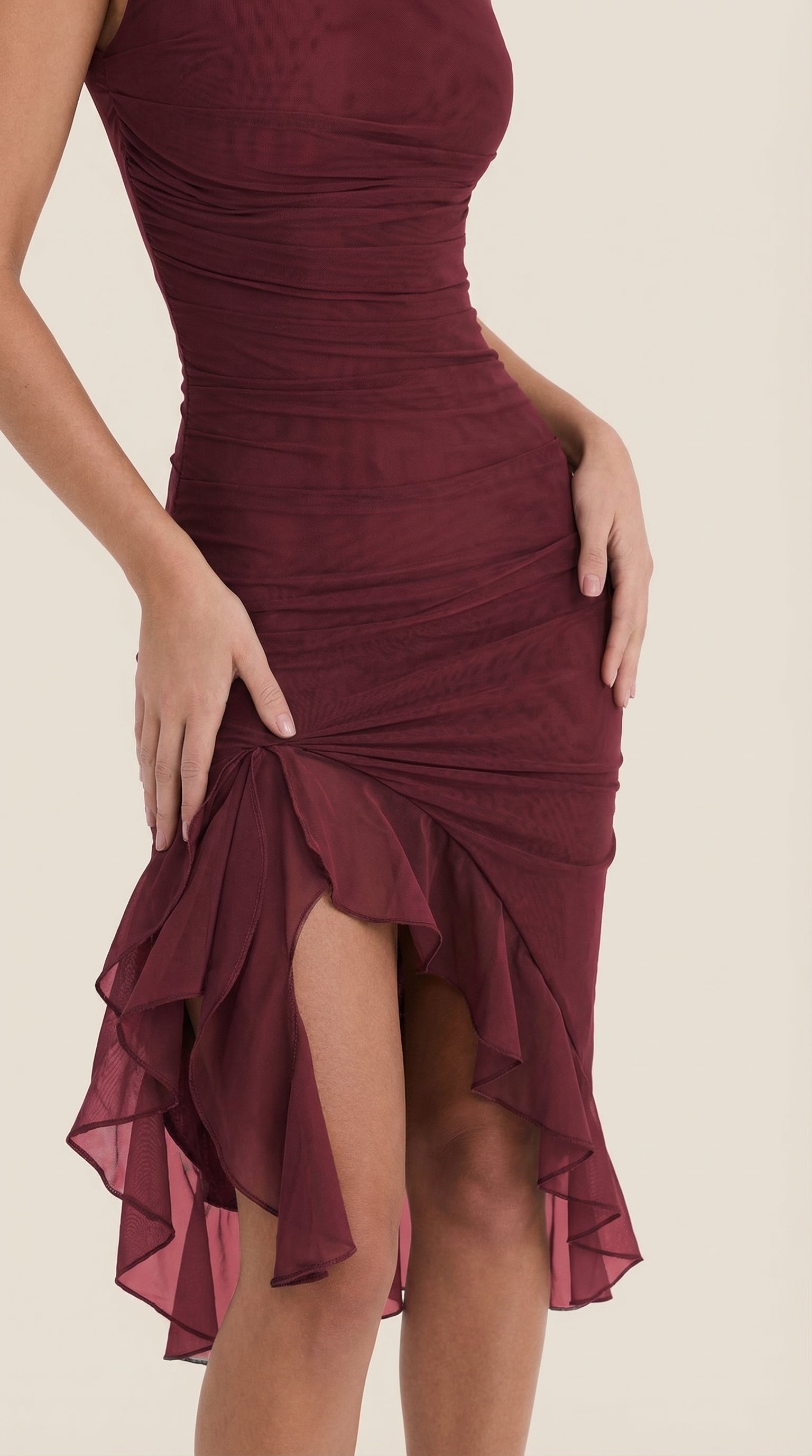 Damen Midikleid Asymmetrischer Saum | Rüschen Detail