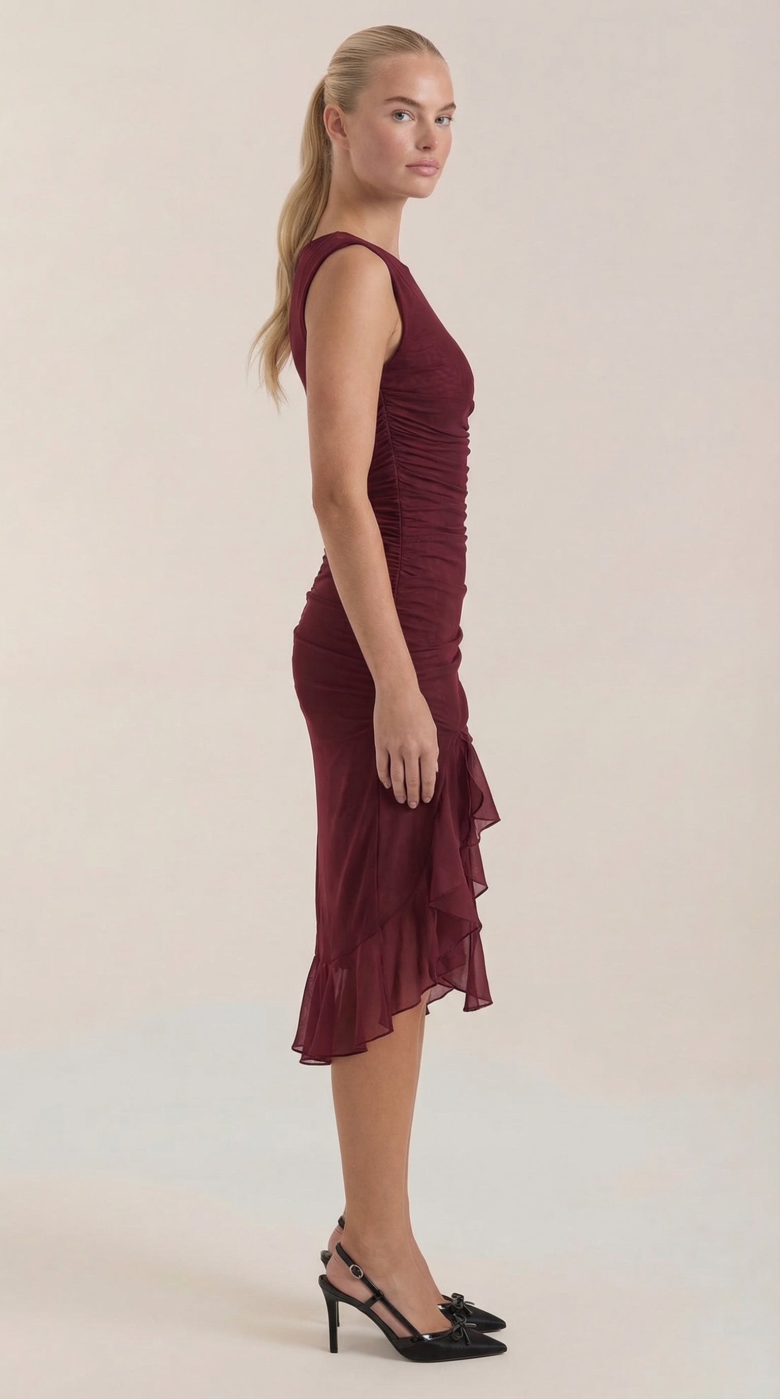 Damen Midikleid Asymmetrischer Saum | Rüschen Front