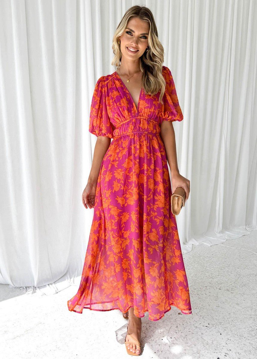 Damen Midikleid Blumendruck | Puffärmel Side
