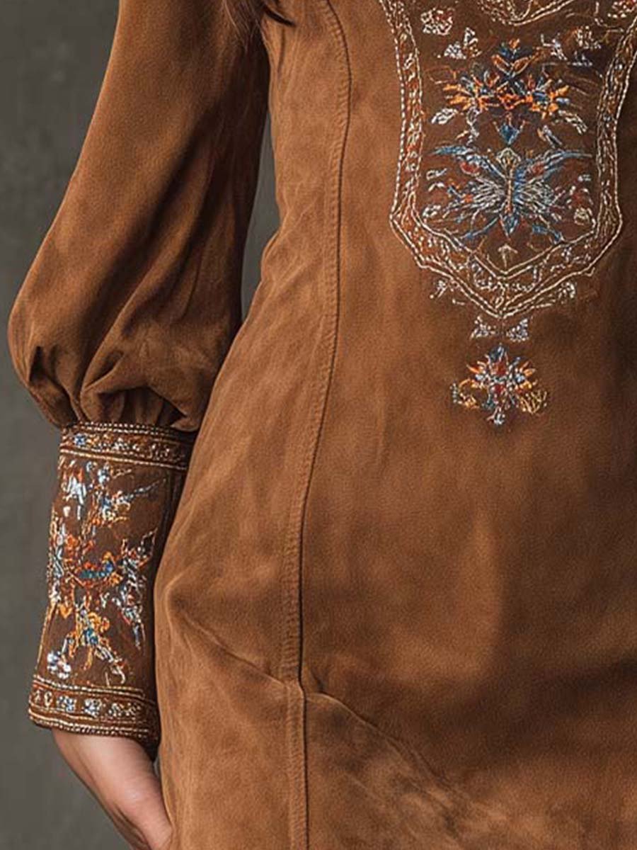 Damen Minikleid Blütenstickerei | V-Ausschnitt Back