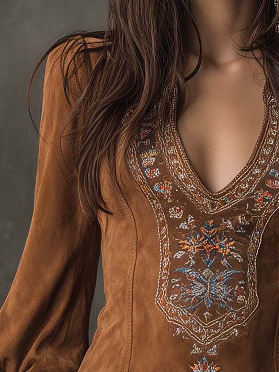 Damen Minikleid Blütenstickerei | V-Ausschnitt Detail
