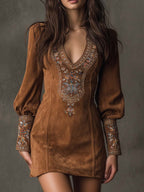 Damen Minikleid Blütenstickerei | V-Ausschnitt