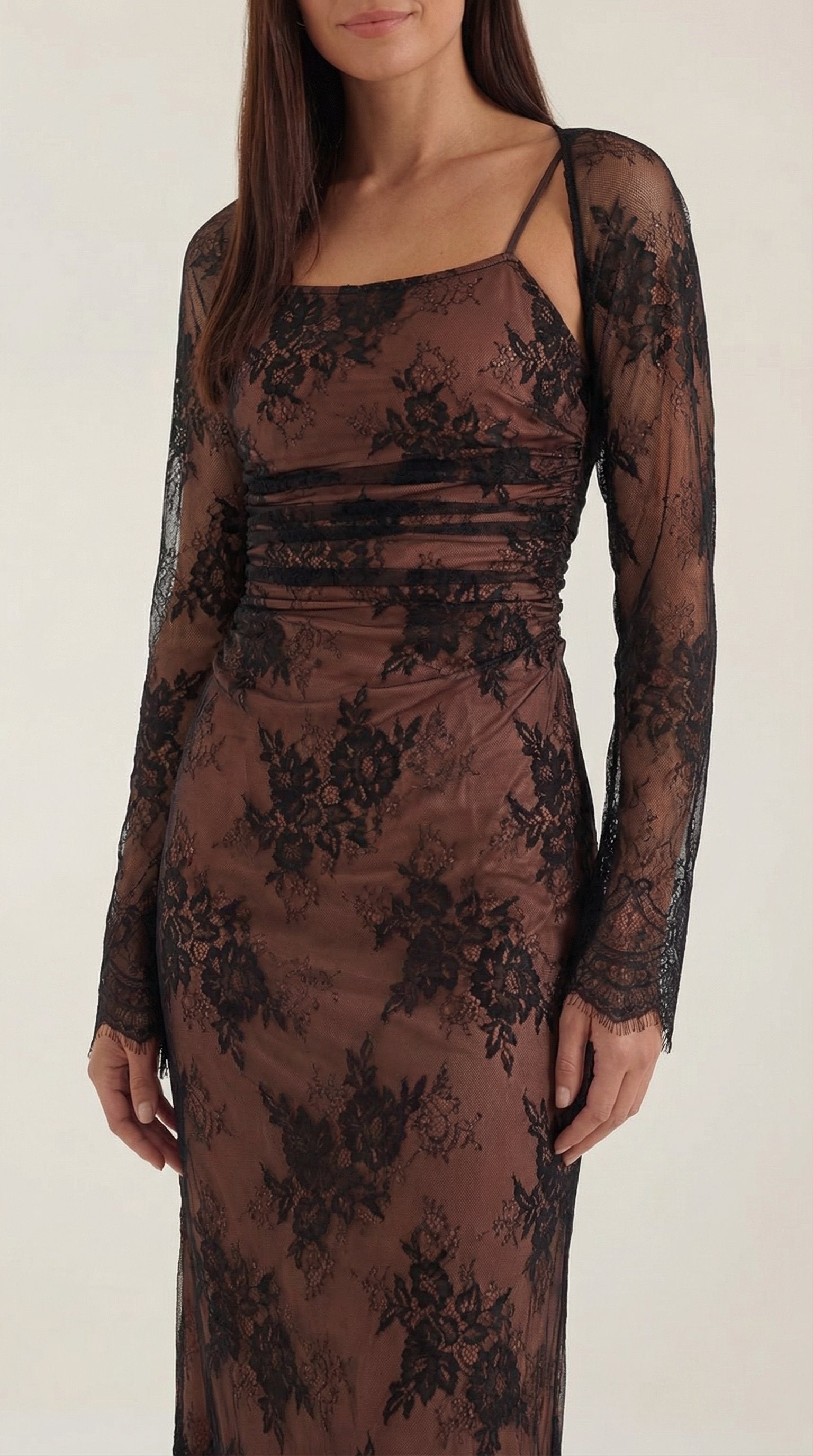 Damen Overlay Maxikleid | Transparente Spitze Angle