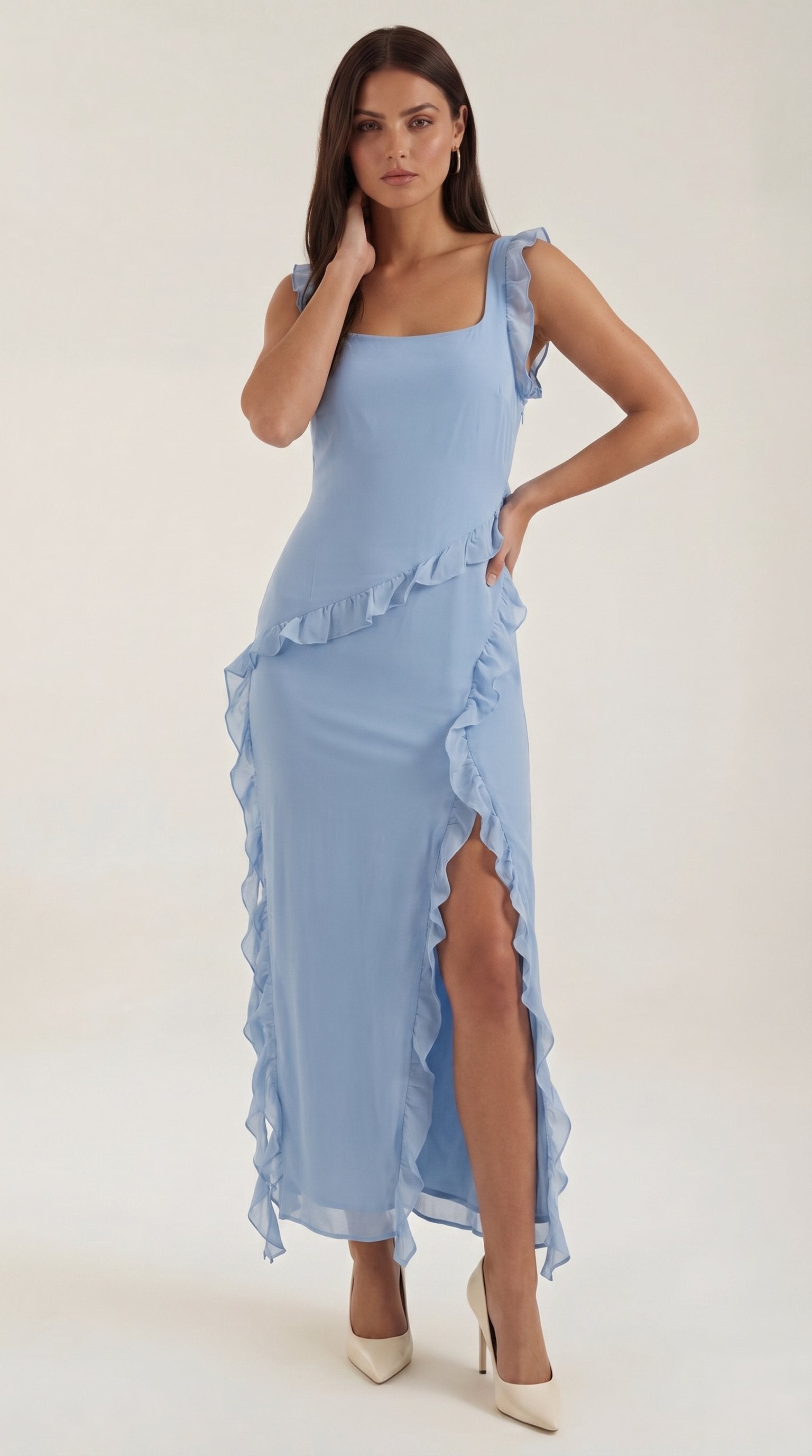 Damen Rüschen Maxikleid | Herzausschnitt Close Up