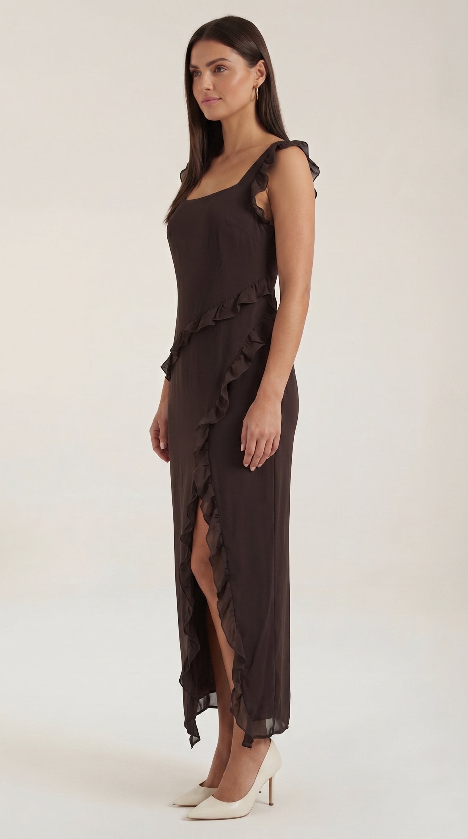 Damen Rüschen Maxikleid | Herzausschnitt Front