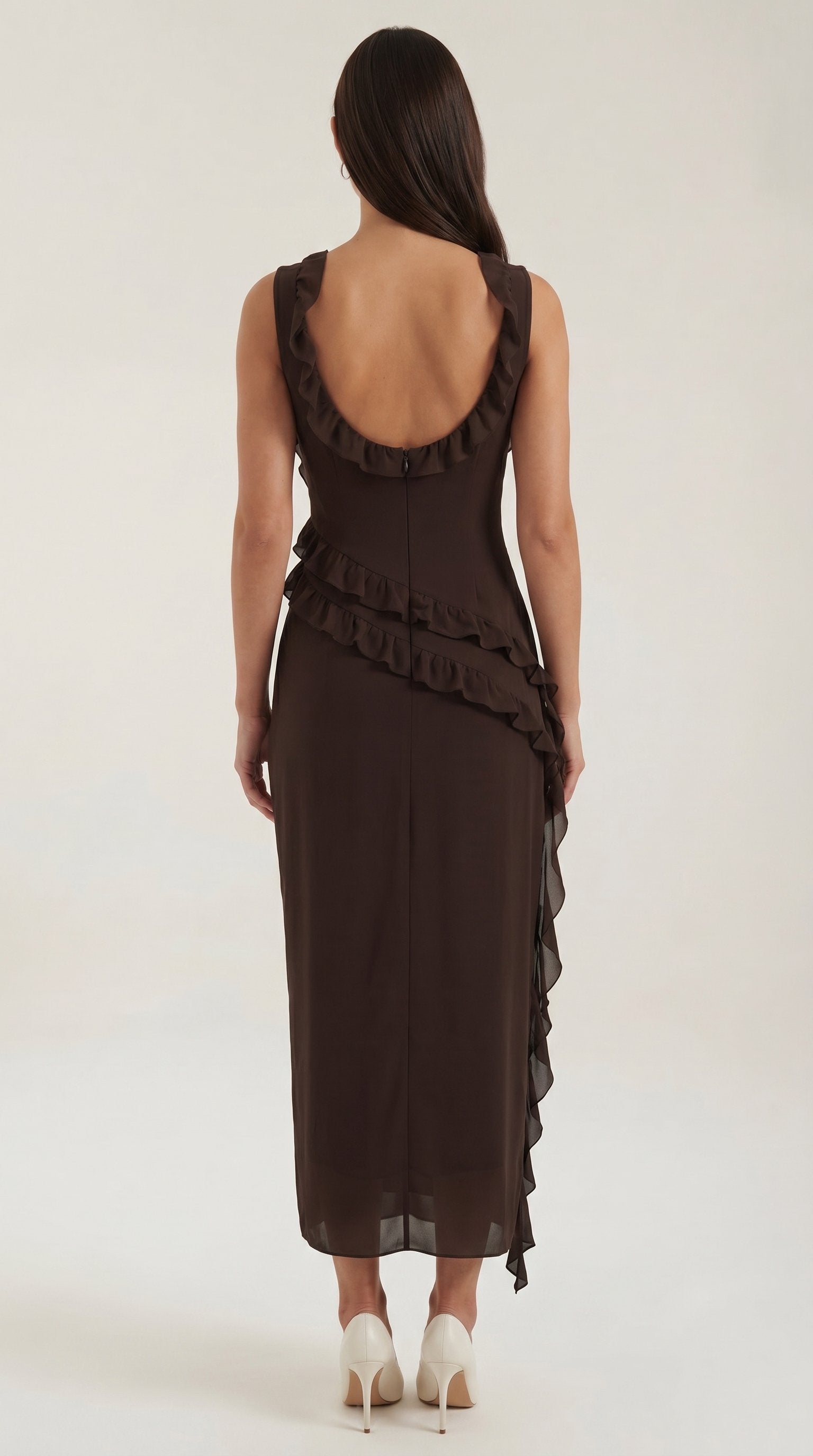Damen Rüschen Maxikleid | Herzausschnitt Side