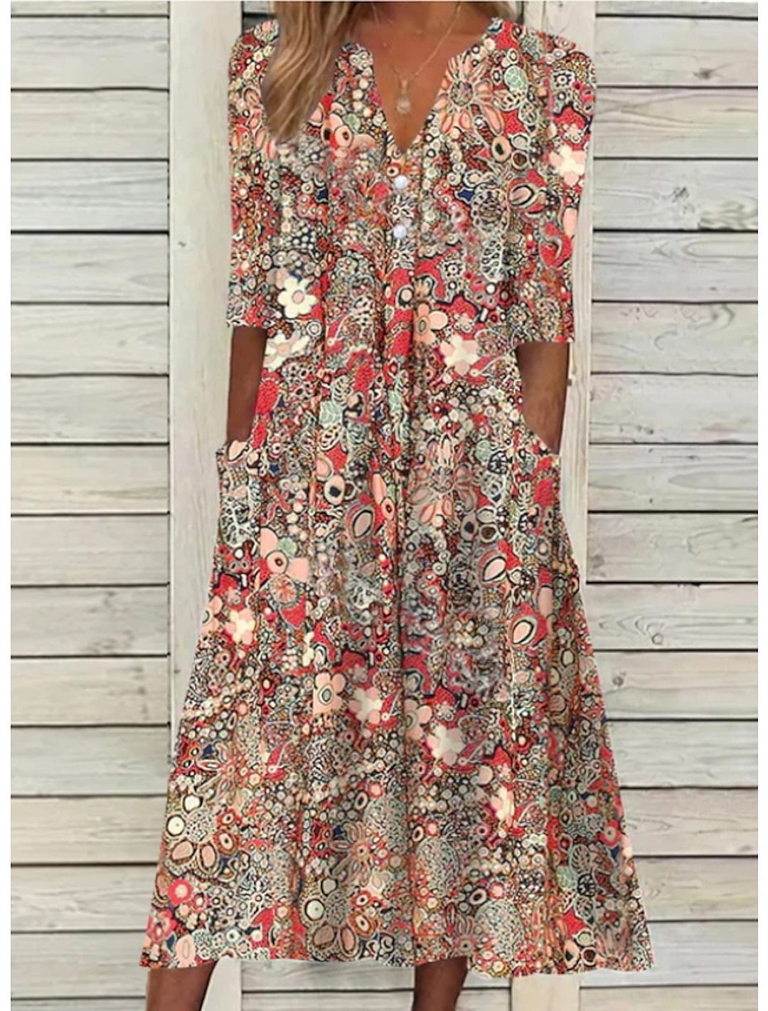 Damen Sommerkleid Blumendruck | V-Ausschnitt Close Up