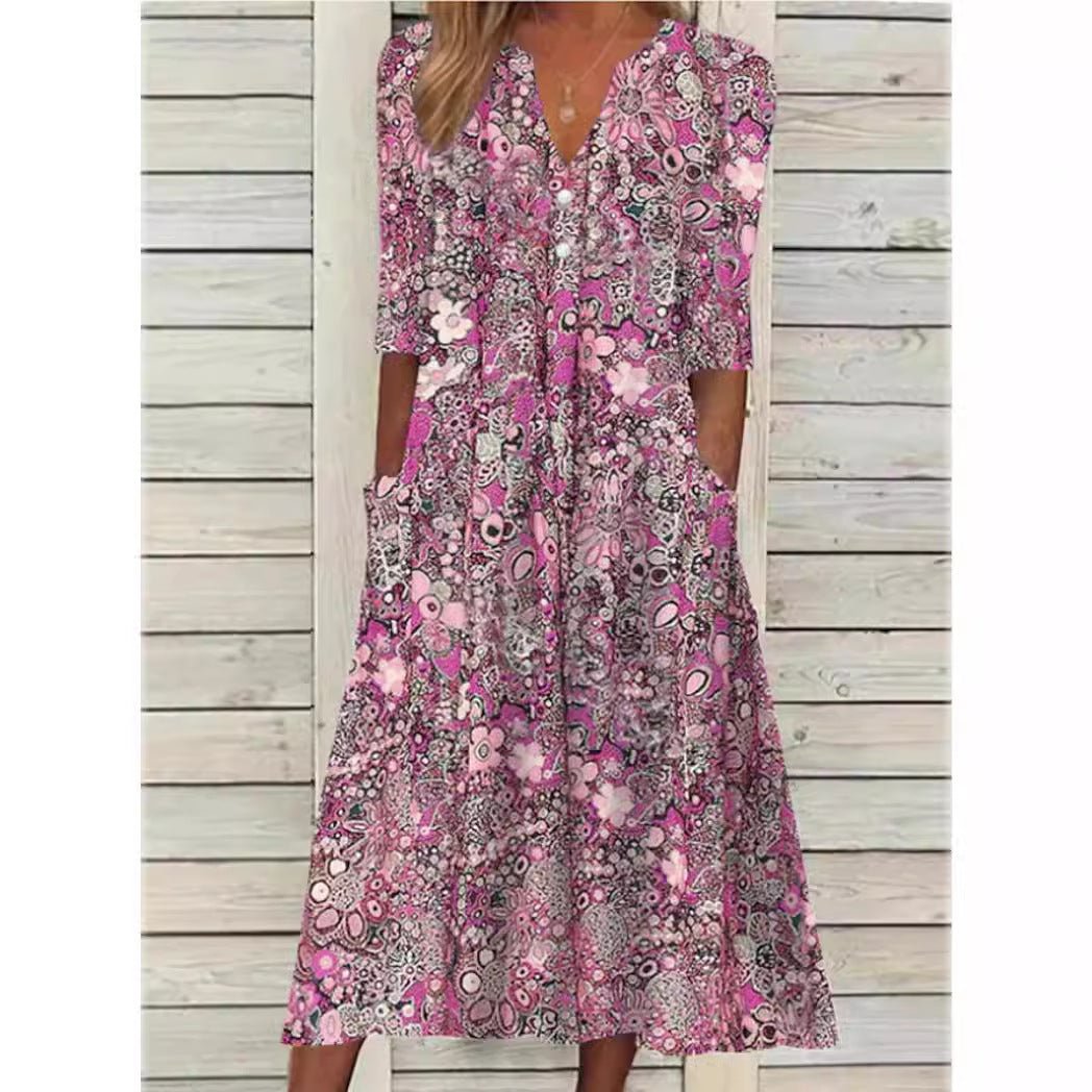 Damen Sommerkleid Blumendruck | V-Ausschnitt Detail