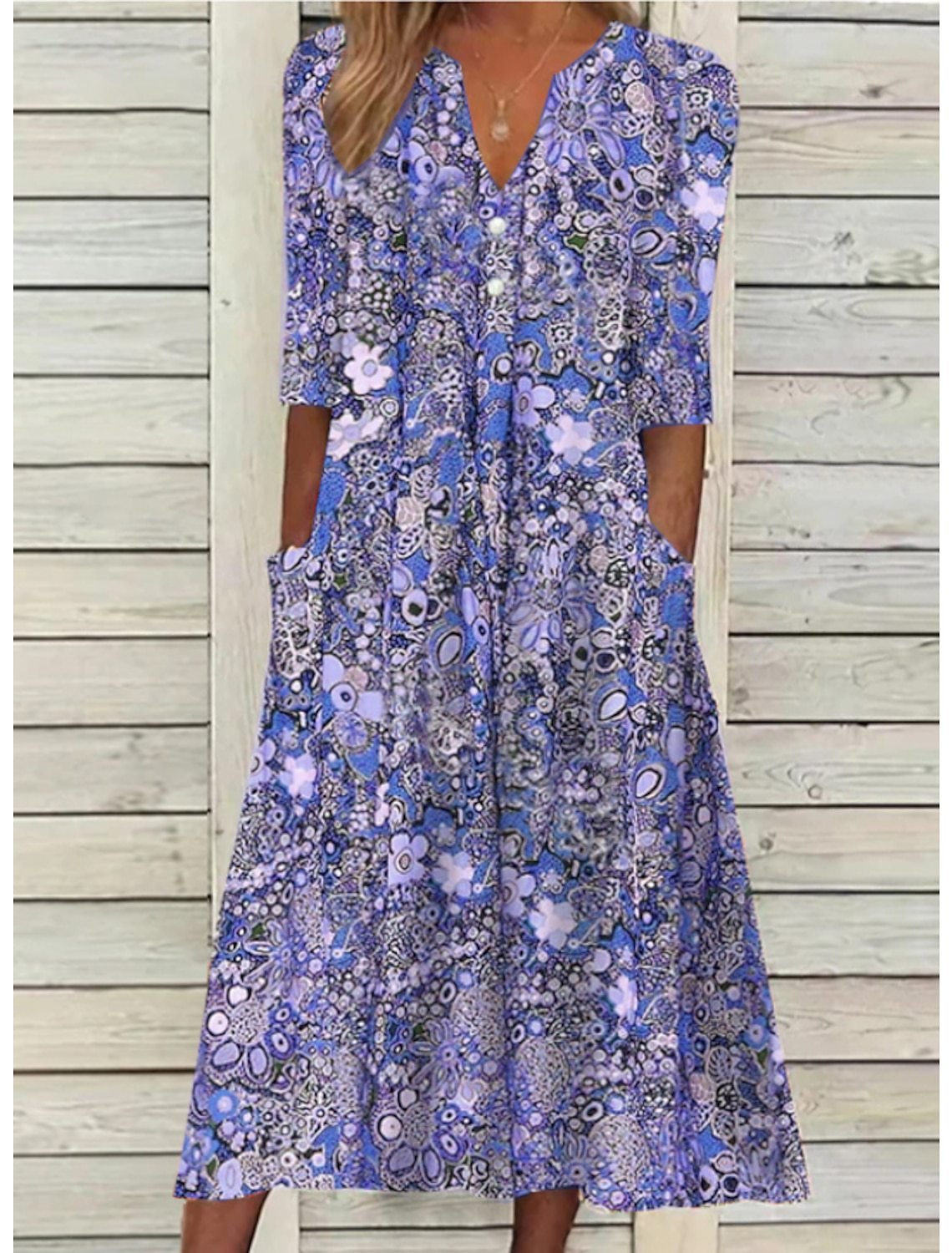 Damen Sommerkleid Blumendruck | V-Ausschnitt Side