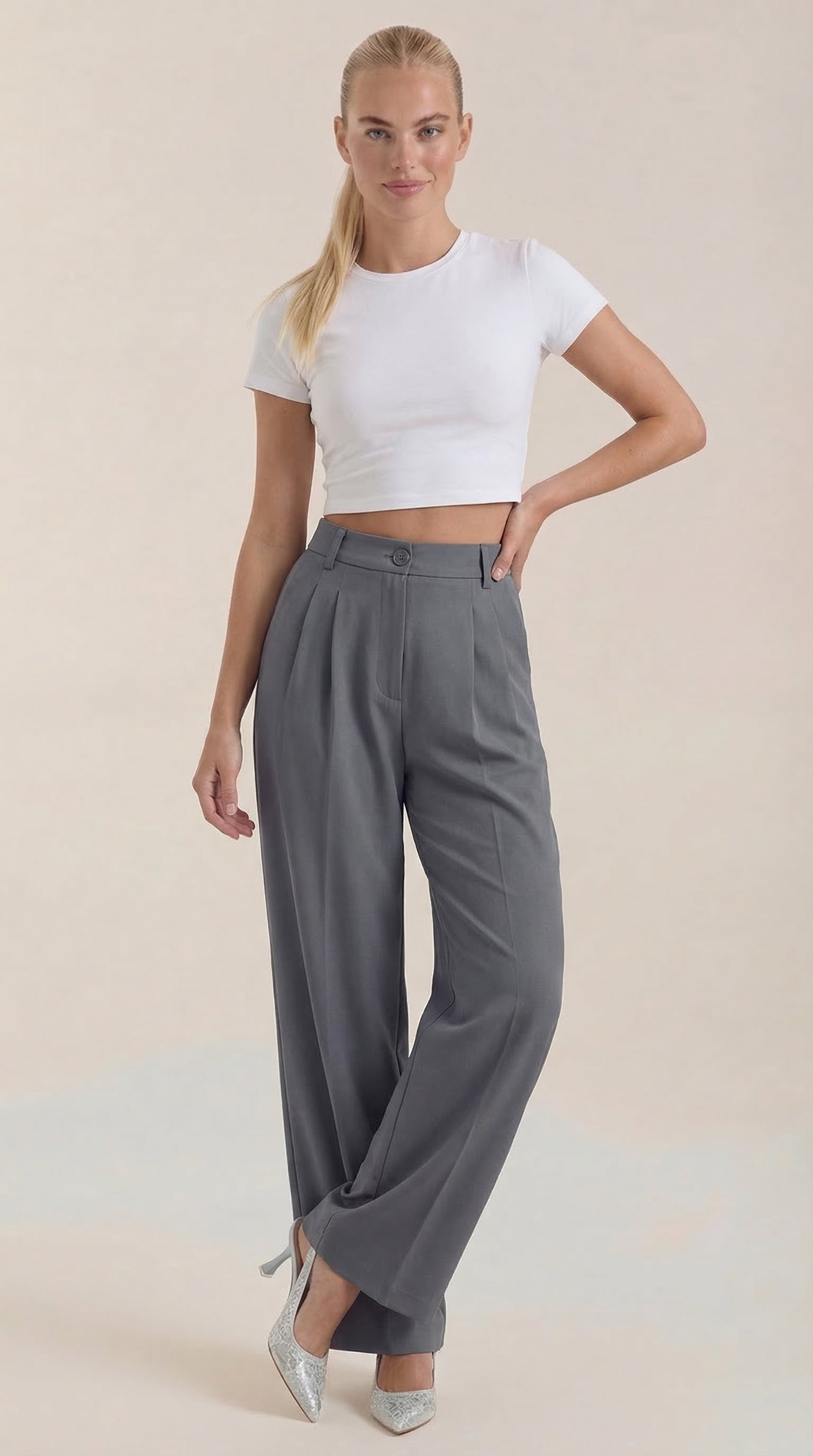 Damen Stoffhose weites Bein | Hoher Bund Close Up