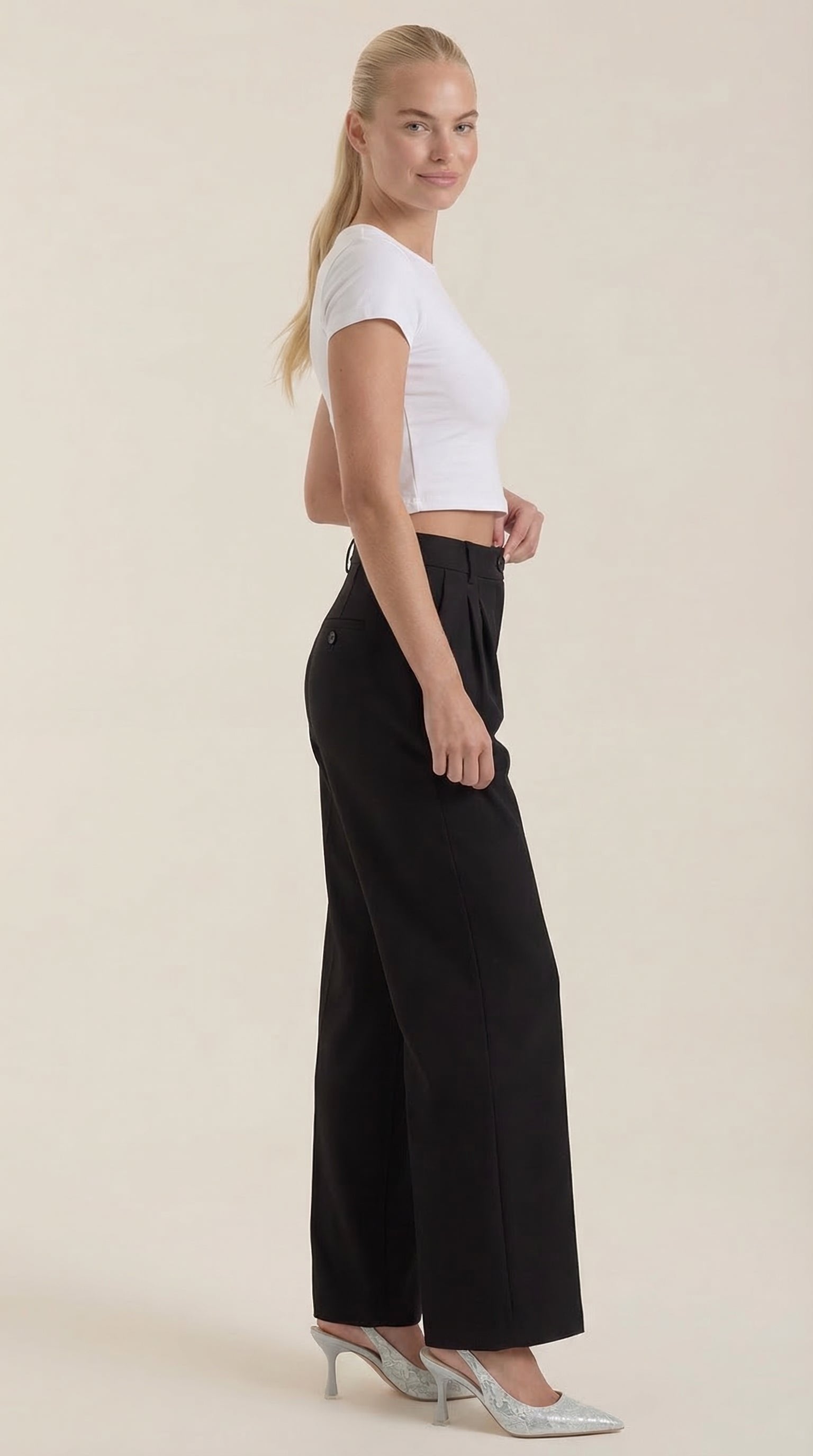 Damen Stoffhose weites Bein | Hoher Bund Front