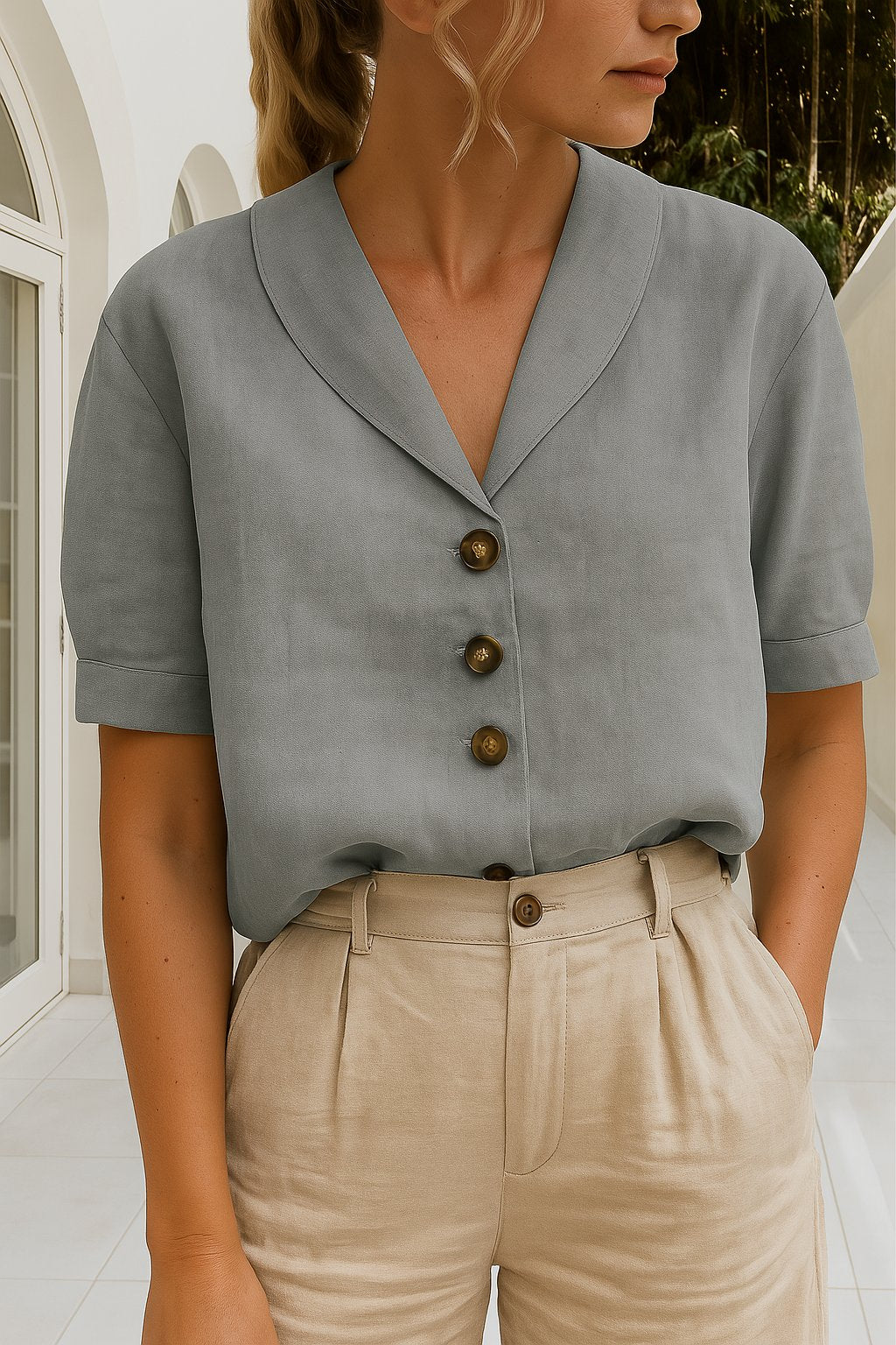 Damen T-Shirt Knopfdetails | Baumwolle-Leinen Detail