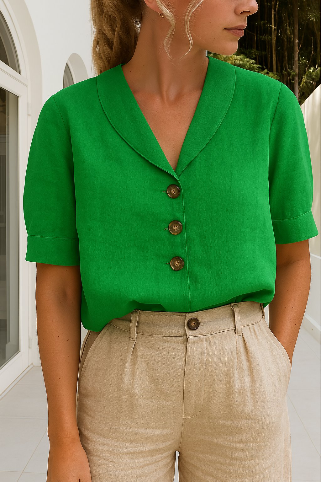 Damen T-Shirt Knopfdetails | Baumwolle-Leinen Front