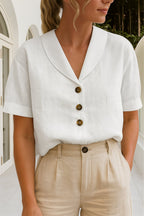 Damen T-Shirt Knopfdetails | Baumwolle-Leinen