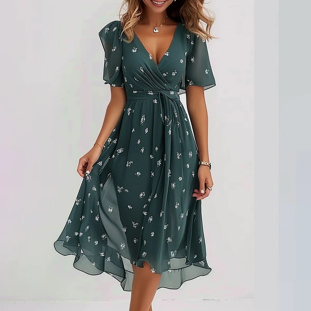 Damen Wickelkleid Kurzarm | Bindegürtel Side
