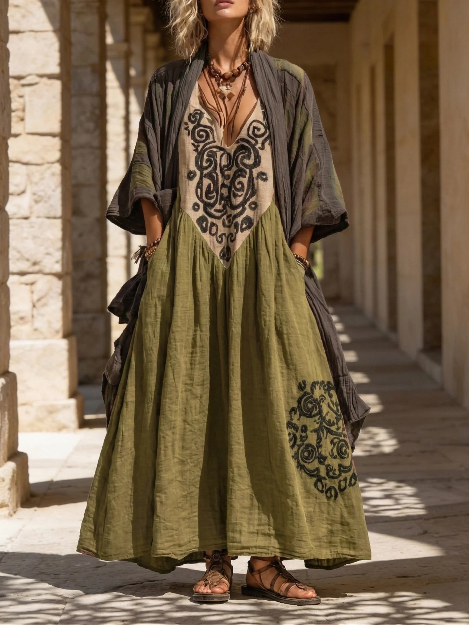 Damen Zweiteiler Paisley-Stickerei | Baumwolle-Leinen Close Up