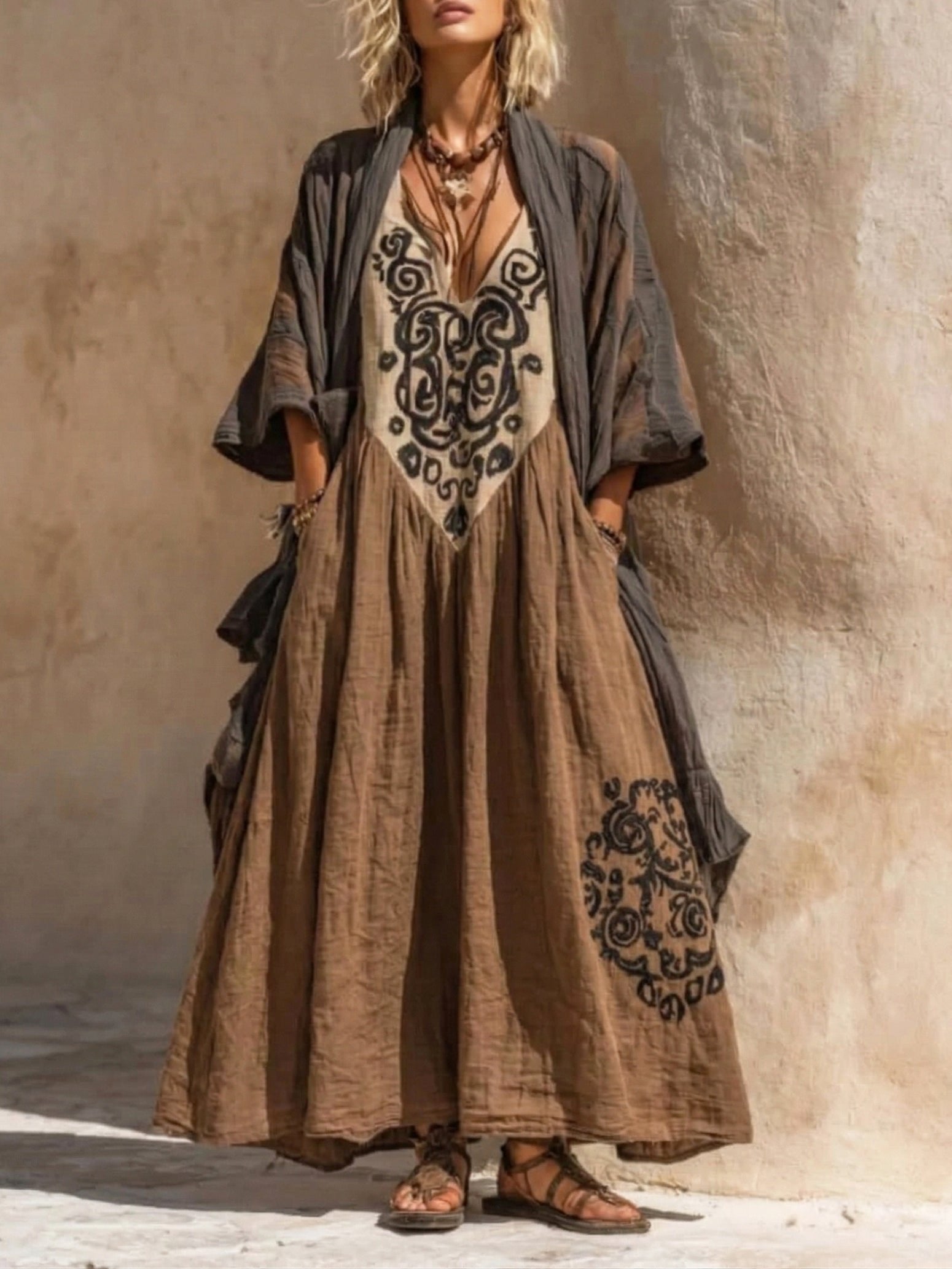 Damen Zweiteiler Paisley-Stickerei | Baumwolle-Leinen Detail