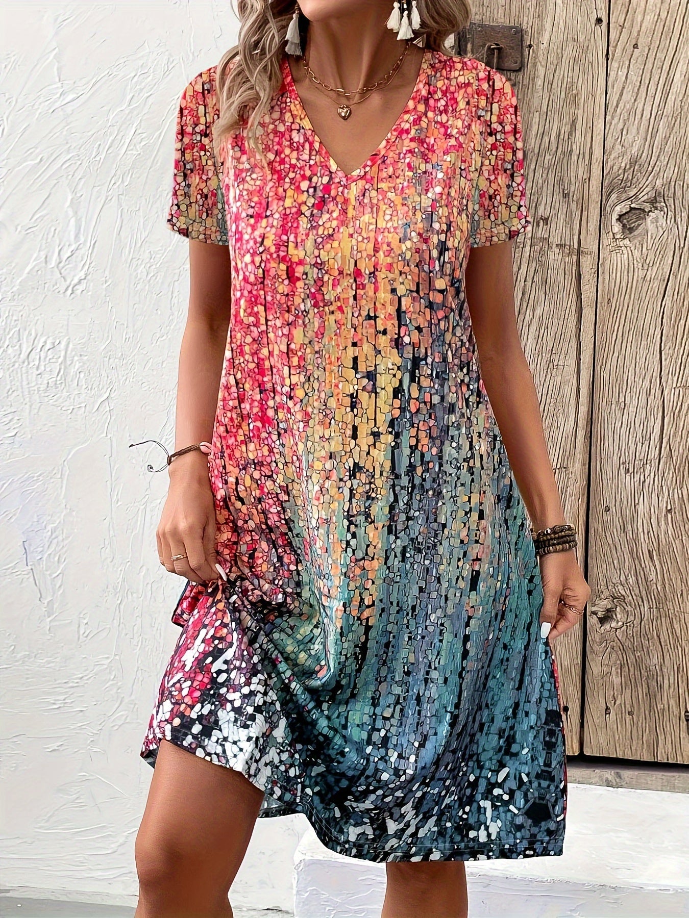 Damenkleid kurzarm V-Ausschnitt Print