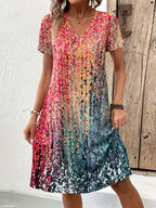 Damenkleid kurzarm V-Ausschnitt Print