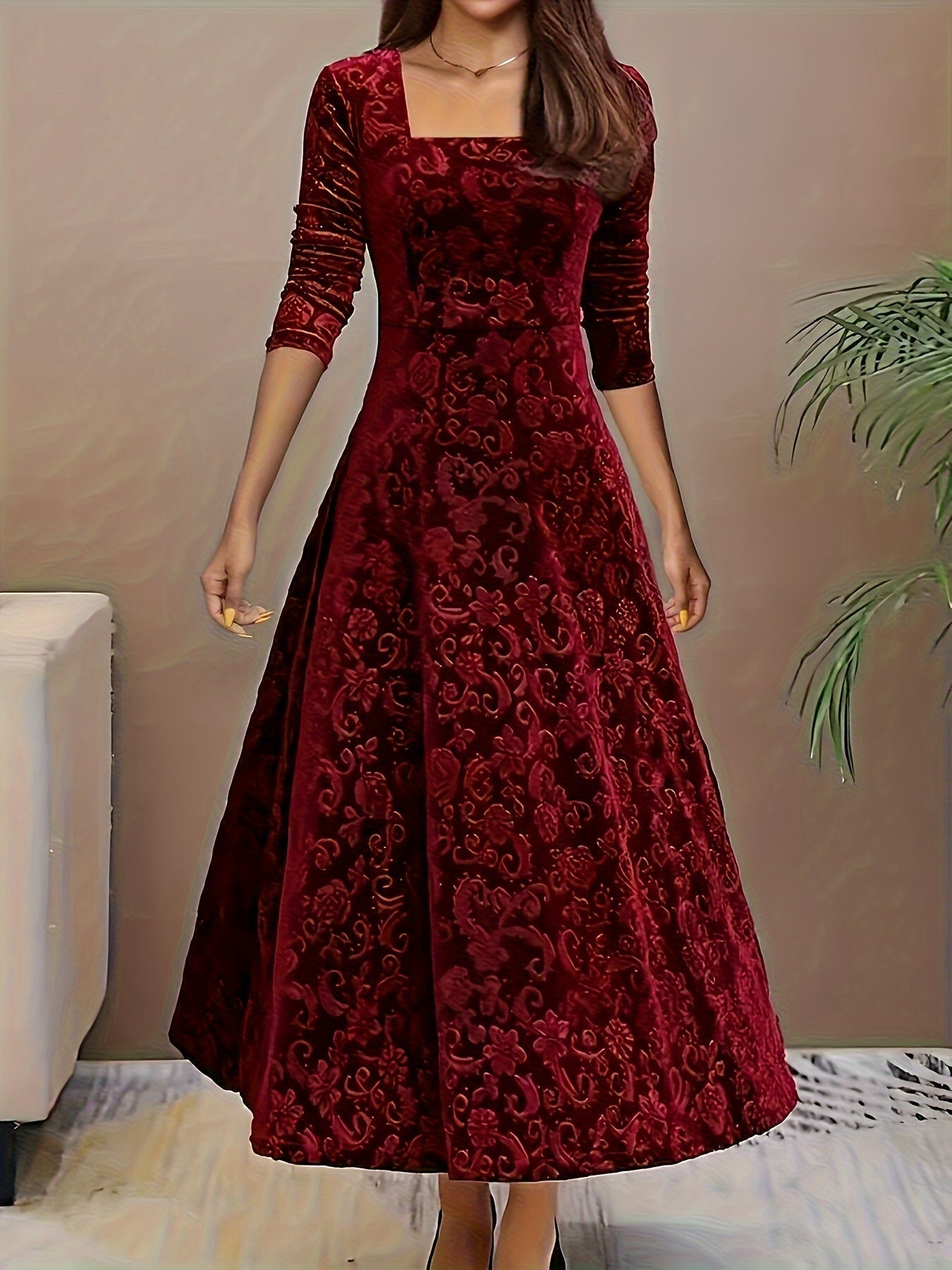 Drei Viertel-Arm Samtkleid Damen floral