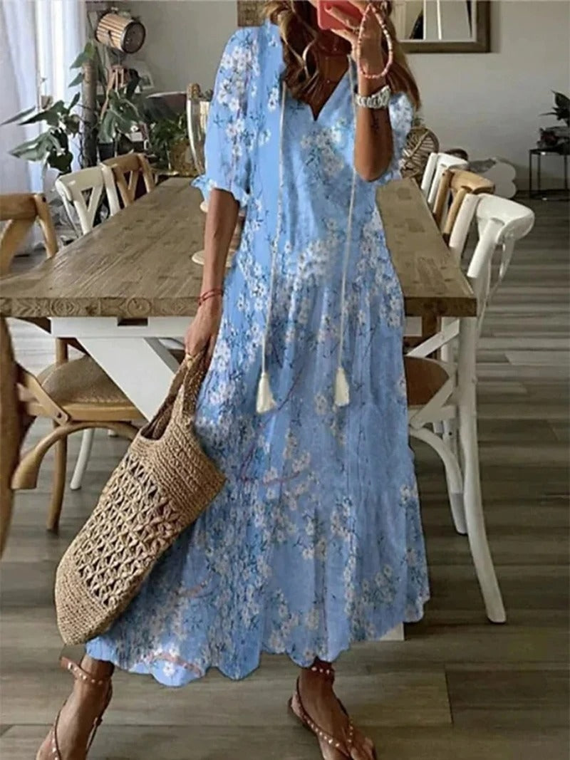 Damen Sommerkleider Blumenmuster V-Ausschnitt