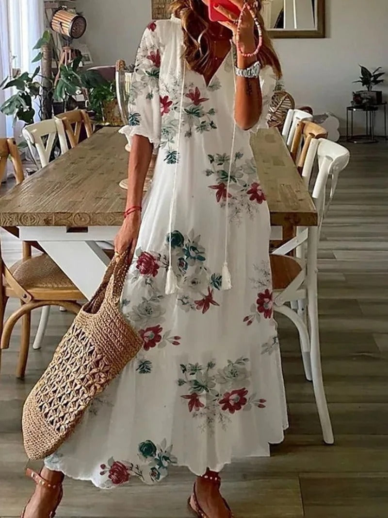 Damen Sommerkleider Blumenmuster V-Ausschnitt
