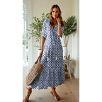 Maxikleid Damen V-Ausschnitt Muster 3/4-Arm