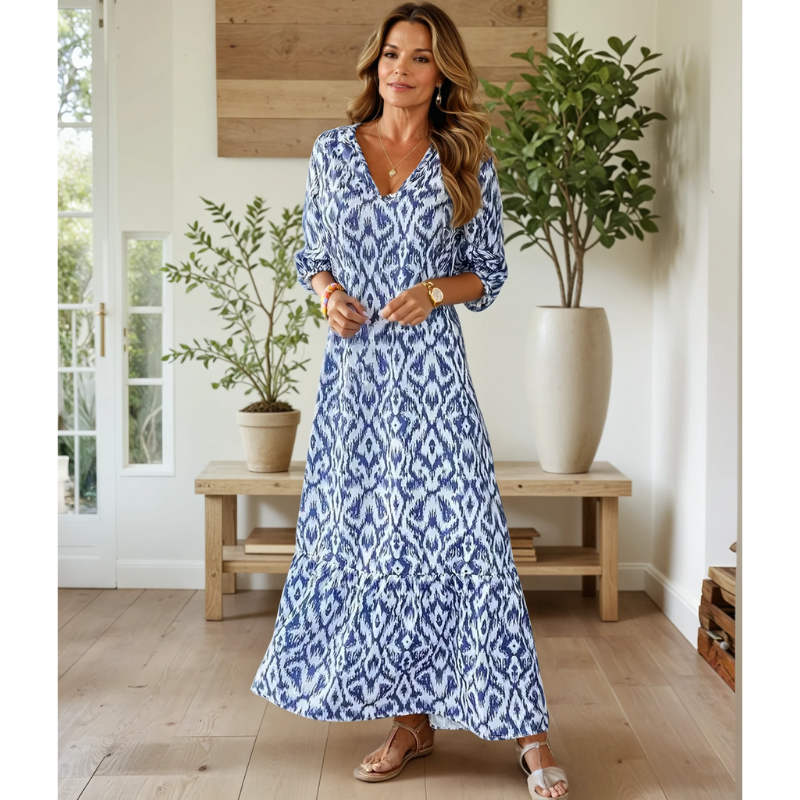 Maxikleid Damen V-Ausschnitt Muster 3/4-Arm