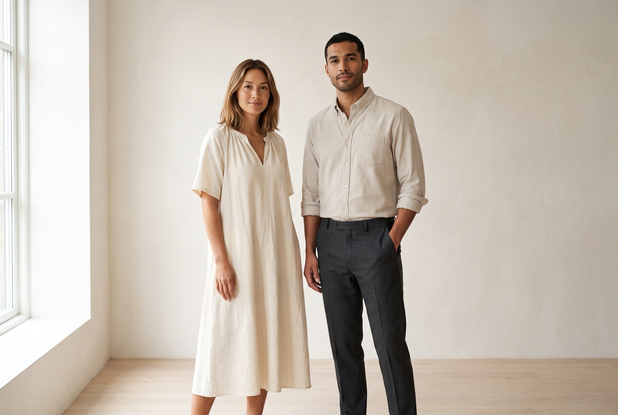 Frau und Mann in Modeir Kleidung in einem hellen Atelier