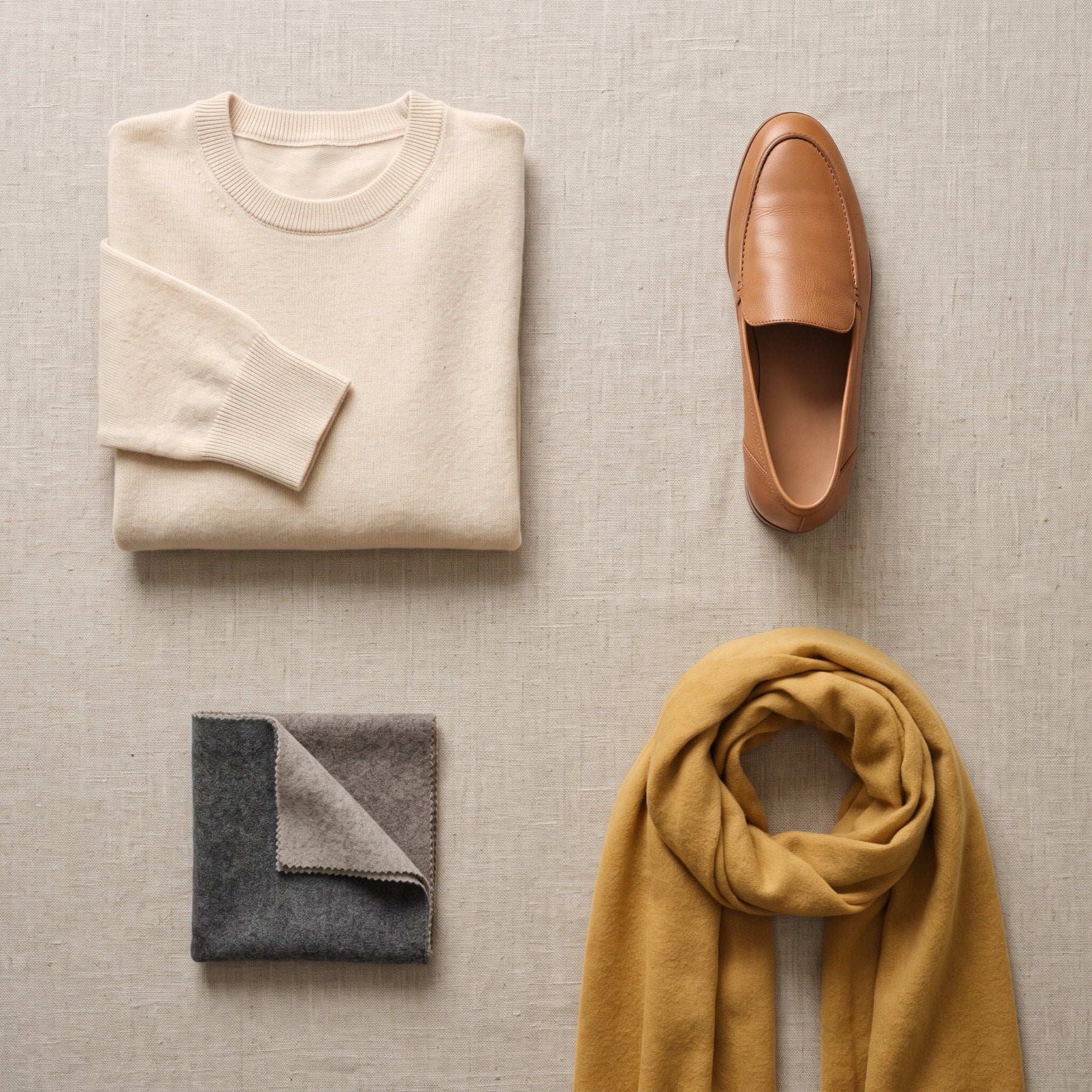 Ausgewählte Stücke: Strickpullover, Loafer und Schal auf Leinen
